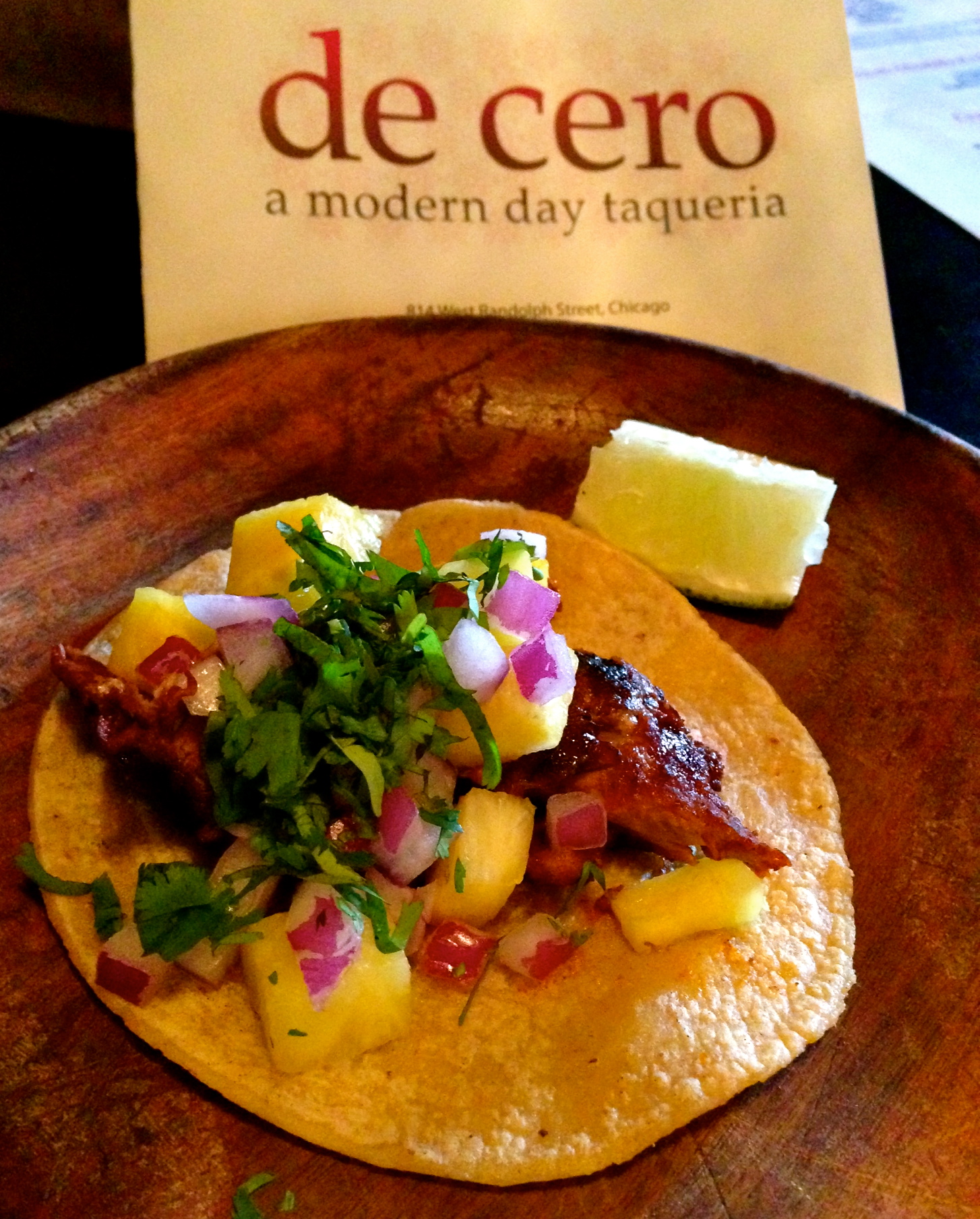 Taco al pastor at De Cero,   814 West randolph St., Chicago